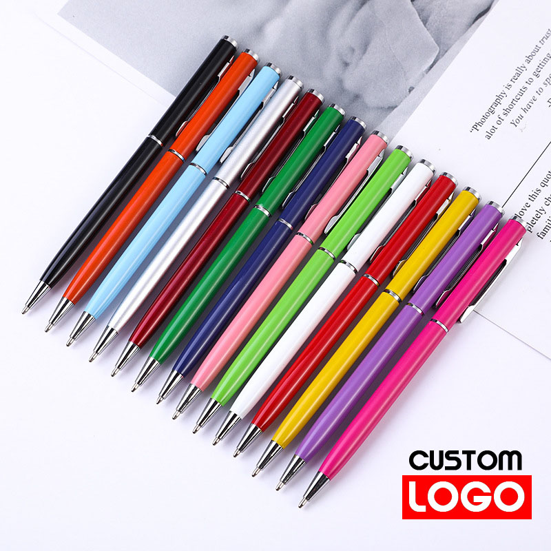 금속 볼펜, 커스텀 로고, 텍스트 레터링, 날씬한 스타일 선물 펜, 광고 펜, 학교 문구, 14 가지 색상 가능